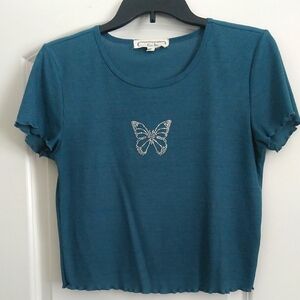 Hippie Rose cropped T-shirt in peacock blue. Size Juniors XL
